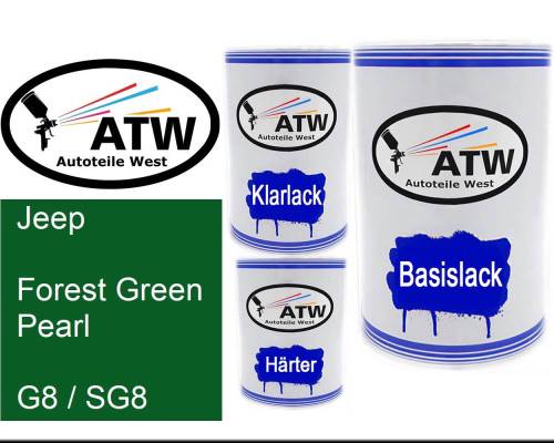 Jeep, Forest Green Pearl, G8 / SG8: 500ml Lackdose + 500ml Klarlack + 250ml Härter - Set, von ATW Autoteile West.